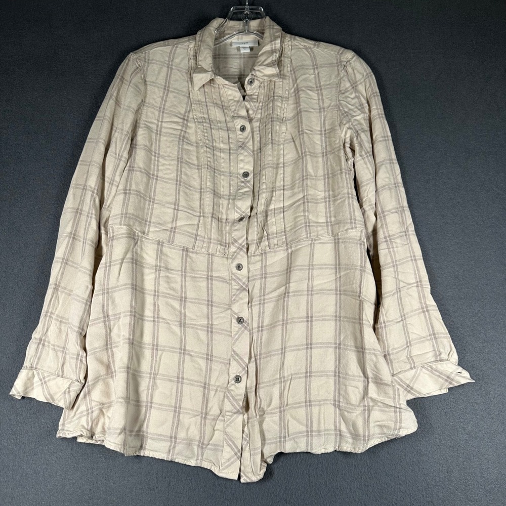 J Jill Plaid Tunic Top Womens Small Button Up Long Sleeve Neutral Casual Blouse